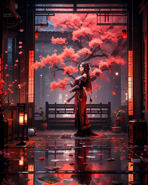 masterpiece, best quality, 8k, 1girl, upper body, cherry blossoms, east asian architecture, petals, potted plant, reflection, red flower, water, chinese clothes, wide shot, autumn leaves, <lora:indoor_20230827164629:1>