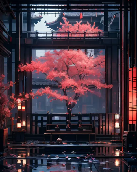 masterpiece, best quality, 8k, 1girl, upper body, cherry blossoms, east asian architecture, petals, potted plant, reflection, red flower, water, chinese clothes, wide shot, autumn leaves, <lora:indoor_20230827164629:1>