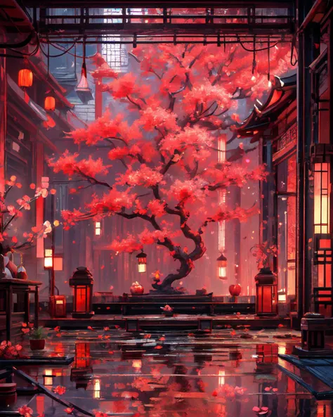 masterpiece, best quality, 8k, 1girl, upper body, cherry blossoms, east asian architecture, petals, potted plant, reflection, red flower, water, chinese clothes, wide shot, autumn leaves, <lora:indoor_20230827164629:1>