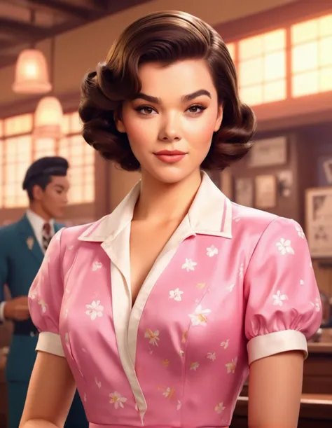 anime artwork Cinematic upper body portrait of Hailee Steinfeld dressed as a woman ((dressed as a woman from the 1950s, dressed in 1950s style outfit, 1950s style house, 1950s style hairstyle)). photorealistic image, 8k, artwork by greg rutkowski, DSLR photography, <lora:Hailee_SteinfeldSDXL:0.72> . anime style, key visual, vibrant, studio anime, highly detailed