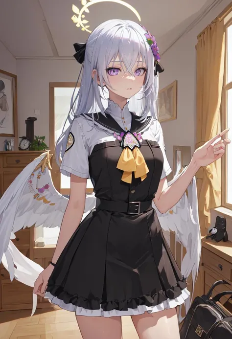 ((masterpiece)), (best quality), official art, extremely detailed CG, unity 8k wallpaper,
siren, (head wings:1.3), (wings growing out of head:1.3), white wing, claws, monster girl, antennae, feathers,
office lady, white shirt, jacket, pencil skirt, miniskirt, expressionless,
office, luxury office, CEO room,
<lora:sirenV1:0.8>