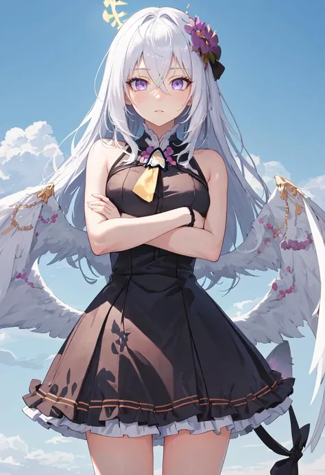 <lora:misonomika:1>best illustration,2D, BREAK
misonomika, thst, 1girl, solo, 16yo, (halo:1.4), (white dress:1.2), white wings, single hair bun, large breasts,yellow eyes, long hair, full body
, smile, BREAK
dynamic pose, dutch angle