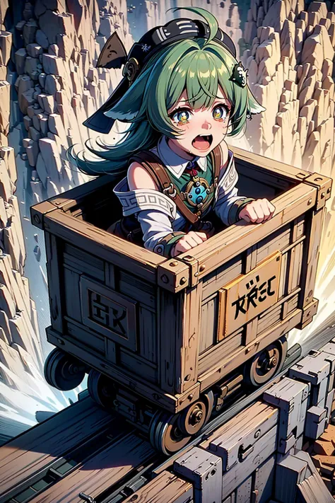 masterpiece, best quality, high quality, 1girl, solo,surprised,crying with eyes open,tears,tearing up,constricted pupils,screaming,scared, <lora:HuoHuo-08:0.8> huohuo, green hair, bangs, long hair, ahoge, animal ears, beret, hair ornament, green eyes, shorts, white socks, shirt, off shoulder, fox tail, <lora:unstopableTrolley:0.5> , flying on minecar, falling towards the bottom of a cliff in high position, cliff, rusty,iron, (((box-shaped minecar,in box))),railroad tracks,speed lines,