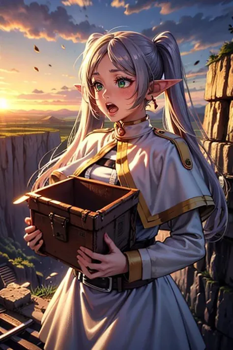 masterpiece, (photorealistic:1.3), best quality, beautiful lighting, detailed, alluring, 1girl, young, (extended arms), <lora:frieren:0.8>, frieren, long hair, pointy ears, twintails, jewelry, elf, earrings, capelet, white capelet, long sleeves, parted bangs, dress, belt, flower, green eyes, blushed, screaming:1.3, flying on minecar,falling towards the bottom of a cliff in high position,cliff,rusty,iron,(((box-shaped minecar,in box))),railroad tracks,speed lines, <lora:unstopableTrolley:0.5>