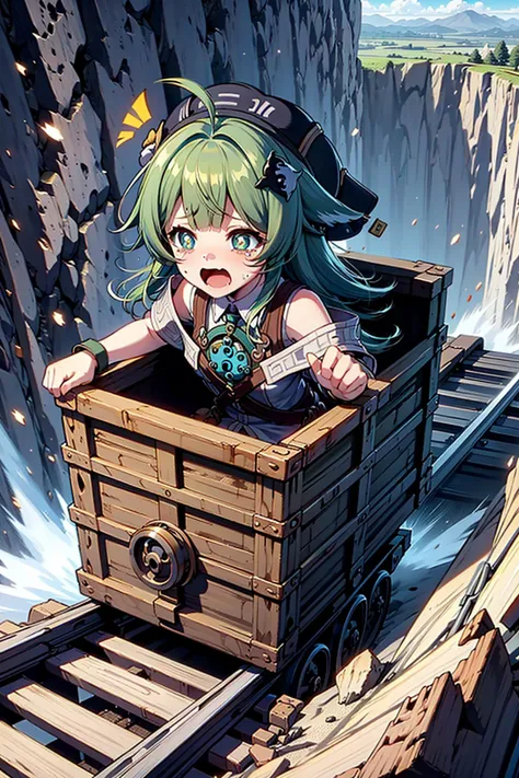 masterpiece, best quality, high quality, 1girl, solo,surprised,crying with eyes open,tears,tearing up,constricted pupils,screaming,scared, <lora:HuoHuo-08:0.8> huohuo, green hair, bangs, long hair, ahoge, animal ears, beret, hair ornament, green eyes, shorts, white socks, shirt, off shoulder, fox tail, <lora:unstopableTrolley:0.5> , flying on minecar, falling towards the bottom of a cliff in high position, cliff, rusty,iron, (((box-shaped minecar,in box))),railroad tracks,speed lines,