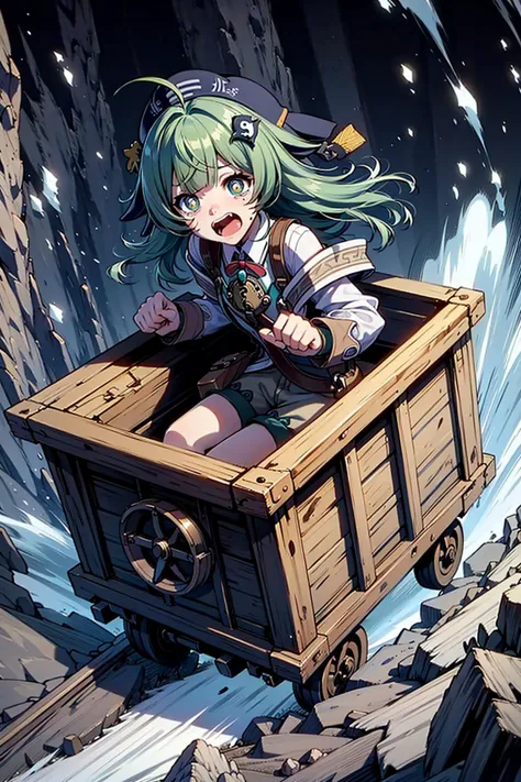 masterpiece, best quality, high quality, 1girl, solo,surprised,crying with eyes open,tears,tearing up,constricted pupils,screaming,scared, <lora:HuoHuo-08:0.8> huohuo, green hair, bangs, long hair, ahoge, animal ears, beret, hair ornament, green eyes, shorts, white socks, shirt, off shoulder, fox tail, <lora:unstopableTrolley:0.5> driving in box-shaped minecar,driving through a narrow dark underground tunnel in a dungeon,rusty,iron,box-shaped minecar,in box,railroad tracks,speed lines,dark background,floating hair,wind,, flying on minecar,falling towards the bottom of a cliff in high position,cliff,rusty,iron,(((box-shaped minecar,in box))),railroad tracks,speed lines,