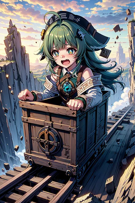 masterpiece, best quality, high quality, 1girl, solo,surprised,crying with eyes open,tears,tearing up,constricted pupils,screaming,scared, <lora:HuoHuo-08:0.8> huohuo, green hair, bangs, long hair, ahoge, animal ears, beret, hair ornament, green eyes, shorts, white socks, shirt, off shoulder, fox tail, <lora:unstopableTrolley:0.5> , flying on minecar, falling towards the bottom of a cliff in high position, cliff, rusty,iron, (((box-shaped minecar,in box))),railroad tracks,speed lines,