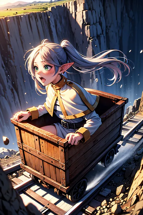 masterpiece, (photorealistic:1.3), best quality, beautiful lighting, detailed, alluring, 1girl, young, (extended arms), <lora:frieren:0.8>, frieren, long hair, pointy ears, twintails, jewelry, elf, earrings, capelet, white capelet, long sleeves, parted bangs, dress, belt, flower, green eyes, blushed, screaming:1.3, flying on minecar,falling towards the bottom of a cliff in high position,cliff,rusty,iron,(((box-shaped minecar,in box))),railroad tracks,speed lines, <lora:unstopableTrolley:0.5>