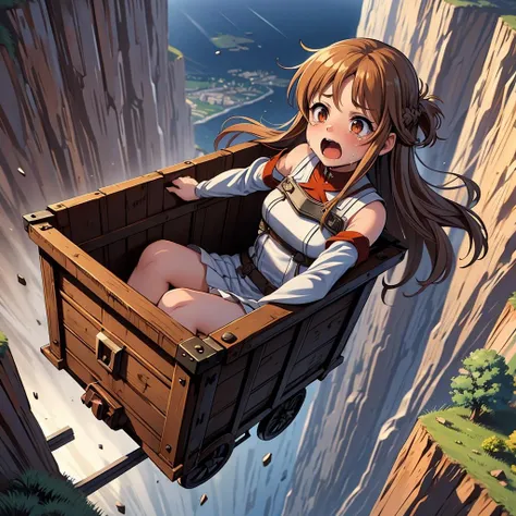 masterpiece,highest quality,Very detailed,One girl,alone,surprised,Cry with your eyes open,tears,tear up,The pupils constrict,shout,Scared,
Ah ah,Long Hair,Brown Hair,Braiding,Brown eyes,Exposing shoulders,armor,breastplate,White sleeves,Removable sleeves,
Flying Blake in a miniature car,falling towards the bottom of a cliff in high position,cliff,Rusted,iron,(((Box-shaped minecart,Boxed))),iron道の線路,Speed Line,Camel Toe、Giant tit、Nipple Puffs、Cleavage、Plump、Super big breasts、Super big butt、light speed