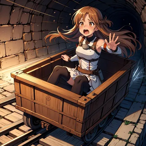 masterpiece,best quality,highly detailed,1girl,solo,surprised,crying with eyes open,tears,tearing up,constricted pupils,screaming,scared,
<lora:asuna_(sao)_v1:0.7>,aaasuna,long hair,brown hair,braid,brown eyes,bare shoulders,armor,breastplate,white sleeves,detached sleeves,
BREAK
<lora:unstopableTrolley:0.4>,driving in box-shaped minecar,driving through a narrow,dark underground tunnel in a dungeon,rusty,iron,box-shaped minecar,in box,railroad tracks,speed lines,dark background,floating hair, wind,