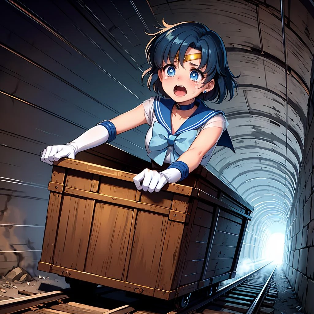 masterpiece,best quality,highly detailed,1girl,solo,surprised,crying with eyes open,tears,tearing up,constricted pupils,screaming,scared,
<lora:mercury_v2:0.75>,mer1,tiara,sailor senshi uniform,blue sailor collar,bow,choker,white gloves,blue choker,elbow gloves,jewelry,earrings,
<lora:unstopableTrolley:0.4>,driving in box-shaped minecar,driving through a narrow,dark underground tunnel in a dungeon,rusty,iron,box-shaped minecar,in box,speed lines,dark background,floating hair,wind,