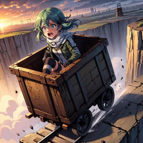 masterpiece,best quality,highly detailed,1girl,solo,surprised,crying with eyes open,tears,tearing up,constricted pupils,screaming,scared,
<lora:sinon_v5:0.75>,sinon1,scarf,fingerless gloves,long sleeves,short shorts,hair ornament,hairclip,green thighhighs,green jacket,thigh strap,
<lora:unstopableTrolley:0.5>,flying on minecar,falling towards the bottom of a cliff in high position,cliff,rusty,iron,(((box-shaped minecar,in box))),railroad tracks,speed lines,