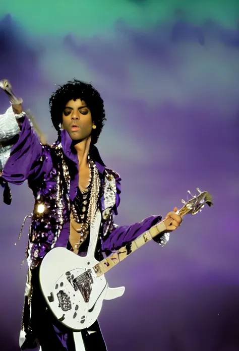 masterpiece, extremely high detail digital RAW animated illustration of Prince performing "Purple Rain" in a dreamlike setting. He is standing on a cloud, and the rain is falling around him in slow motion. The animation has a surreal, otherworldly feel, with vibrant colors and abstract shapes swirling around him.