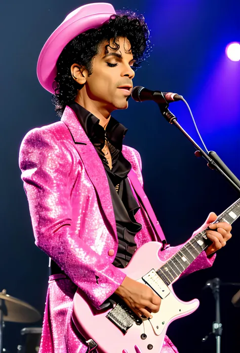 masterpiece, extremely high detail digital RAW  animated rainy illustration of Prince standing on a stage in the rain, wearing a vibrant pink suit with a matching fedora hat. The purple lights illuminating him from behind make the pink of his outfit pop. He is holding a guitar and singing passionately. The atmosphere is moody and melancholic, with the rain pouring down around him, and lightning flashing in the sky.