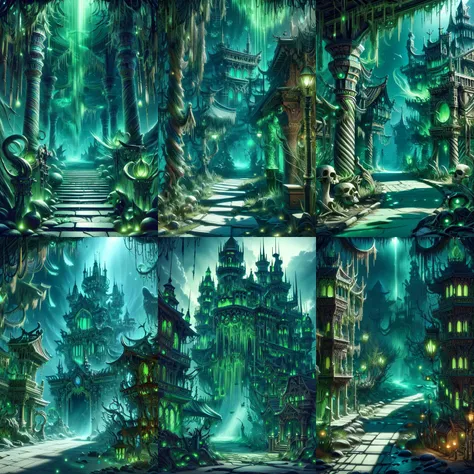 (otherworldly, otherworldly atmosphere, otherworldly appearance), highly insanely detailed, masterpiece, top quality, best quality, highres, 4k, 8k, RAW photo, ((ancient egyptian theme:1.2)), 
(mystical theme), mystical gatmosphere, arcane sanctuaries, otherwordly aura, 
(long_hair, long hair, random colors hair, glowing hair, hair over one eye, long messy hair), 
(eyelashes, eyeliner, eyeshadow, eyelashes, long eyelashes), 
collar, earrings, jewelry, necklace, armlet, 
tentacle, (underwater), nsfw, 
Homestay, Resort, Guest House, 
building, structure, still life, swirling energy, 
action pose, 
drunk, closed eyes, 
abandoned building, shopping mall, overgrown with vegetation, [volumetric fog], cinematic lighting, colorful, 
<lora:GhostPirateWorld:1>,  ghostpirateworld, green glow, green glowing aura, winding alley with bridges and roads, (fantasy world)