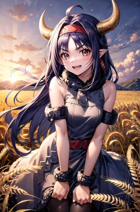 (masterpiece, best quality, detailed), 1girl, solo, looking at viewer, yuuki \(sao\), pointy ears, long hair, ahoge, red hairband,
<lora:AncientVikings:0.9>, ancient viking, viking helmet, horned helmet, fur trim, helmet, outdoors, wheat, wheat field, sky, cloud, farm, sunset, leaning forward, adjusting hair, hand in own hair, hand on own thigh, from above, smile, open mouth, v-shaped eyebrows, smug