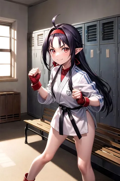 (masterpiece, best quality, detailed), 1girl, solo, looking at viewer, yuuki \(sao\), pointy ears, long hair, ahoge, red hairband,
<lora:Dougi2:1>, dougi, locker room, locker, indoors, bench, fighting stance, (clenched hands), legs apart, smug, smile, closed mouth, v-shaped eyebrows