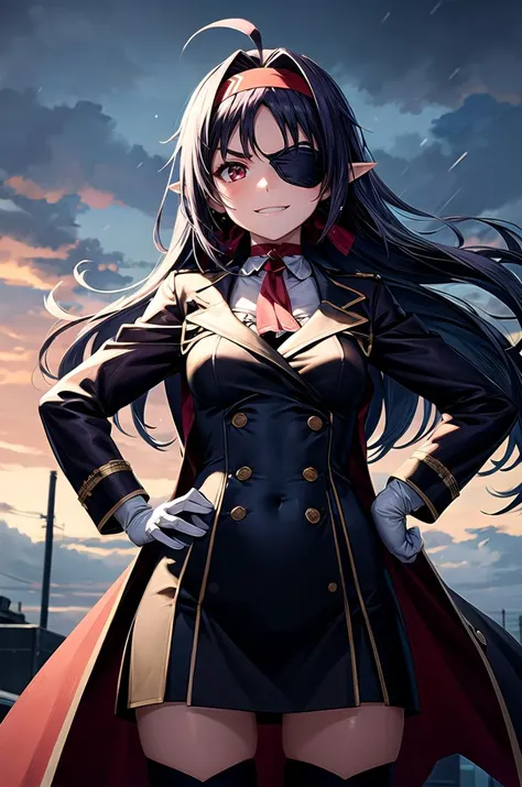 (masterpiece, best quality, detailed), 1girl, solo, looking at viewer, yuuki \(sao\), pointy ears, long hair, ahoge, red hairband,
tailcoat, fishnet top, single thighhigh, single sleeve, medical eyepatch, purple ribbon, choker, single glove, glowing eye, bandaged arm, outdoors, lightning, rain, cloudy sky, wet, storm, wind, hands on hips, evil smile, v-shaped eyebrows
