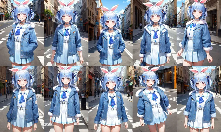 masterpiece, best quality, highres, eepekora, blue jacket, white skirt, <lora:usada_pekora_v1:0.9>, standing, cowboy shot, street, smile,