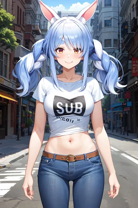 masterpiece, best quality, highres, hhpekora, <lora:usada_pekora_v1:0.9>, white shirt, t-shirt, midriff, jeans, street, smile, standing, cowboy shot,