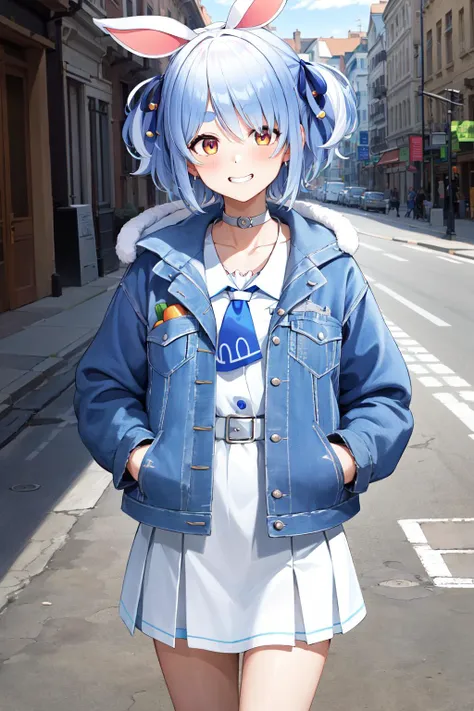 masterpiece, best quality, highres, eepekora, blue jacket, white skirt, <lora:usada_pekora_v1:0.9>, hand in pocket, grin, street, walking, cowboy shot,