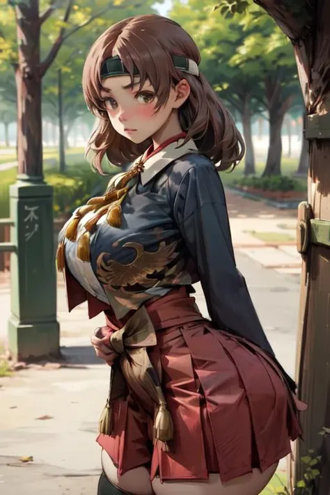 chiyodakc, headband, 1girl, solo, outside, trees, huge breasts, <lora:ChiyodaKCLora-07:1>, grey blazer, bird pattern, plain red hakama skirt, gold tassel, white shirt, thighhighs