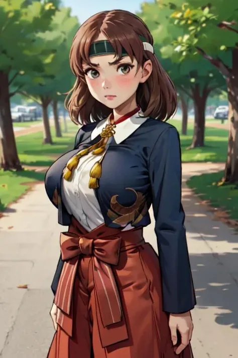 chiyodakc, headband, 1girl, solo, outside, trees, huge breasts, <lora:ChiyodaKCLora-07:1>, grey blazer, bird pattern, plain red hakama skirt, gold tassel, white shirt,