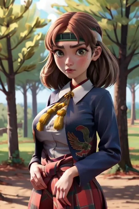 chiyodakc, headband, 1girl, solo, outside, trees, huge breasts, <lora:ChiyodaKCLora-07:1>, grey blazer, bird pattern, plain red hakama skirt, gold tassel, white shirt,