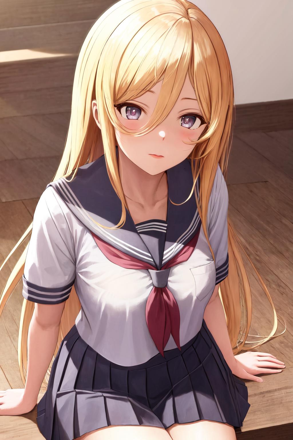 Anime girl sitting on a wooden bench with her legs crossed - SeaArt AI