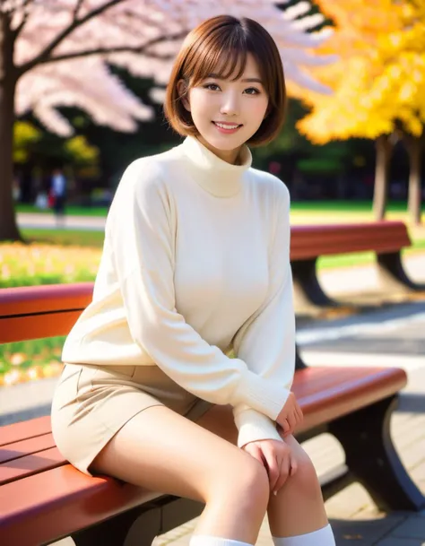 japanese,1girl,beauty face,large breasts,grossy short hair,shiny skin,face focus,smile,looking at viewer,soft lighiting, Wide-leg pants, turtleneck, white sneakers,in autum,sitting park bench <lora:ayame_LoRA_v20:0.6>