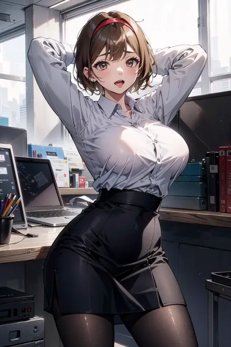 (best quality,master piece:1.3),Malkuth, 1girl, pantyhose, solo, breasts, skirt, long hair, shirt, open eyes, office background, pencil skirt, black skirt, collared shirt, arms up, large breasts, white shirt, long sleeves,open mouth, parted bangs, office lady, blush, vshort hair, brown pantyhose, arms behind head, grey shirt, shirt tucked in, black pantyhose,NSFW, high-waist skirt,shy,shame<lora:Malkuth:0.7> <lora:breastsizeslideroffset:0.15>