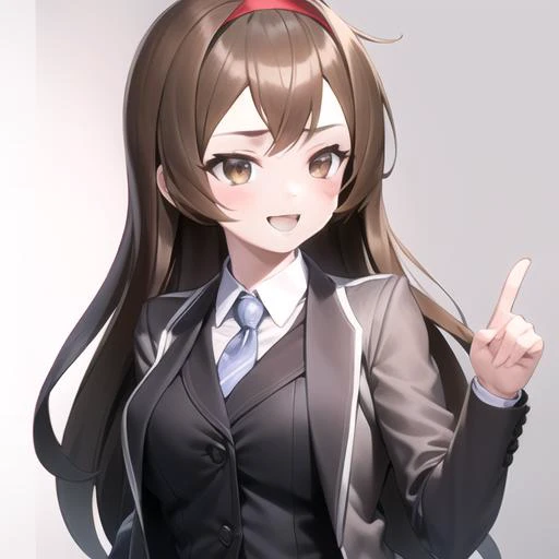 masterpiece, best quality, 1girl, smile, long hair, brown hair, brown eyes, coat, suit and tie,<lora:Malkuth-06:0.9>