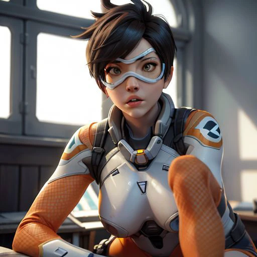 3d, CGI, Render, realistic, realism, photorealism, photo-realistic, high contrast, (photorealistic:1.4), (perfect female figure), 8k high definition detailed realistic, (best quality, masterpiece:1.2), photon mapping, radiosity, physically-based rendering, best quality, highly detailed, futanari,tracer (overwatch), tracerow, blurry background, (pretty_face,blush), looking_at_viewer, ((arc_reactor)), (orange stockings), (visor, googles), topless,nude, erection, <lyco:Tracer V.2:.7>, futanari Tracer with an erection,