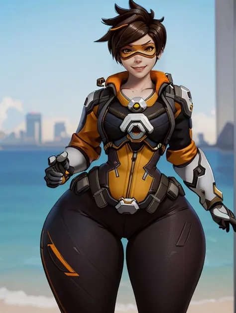1girl, sexy, huge boobs, thick thighs, masterpiece, high quality, high resolution, <lora:Tracer resized3:0.7> tracerow, tracer (overwatch), orange leggings , (visor, googles), bad anatomy, smiling, standing up, <lora:hyperbottomheavy_LoRA_v2:1> bottomheavy, thick thighs, massive thighs, hyper thighs