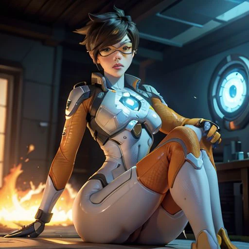 3d, CGI, Render, realistic, realism, photorealism, photo-realistic, high contrast, (photorealistic:1.4), (perfect female figure), 8k high definition detailed realistic, (best quality, masterpiece:1.2), photon mapping, radiosity, physically-based rendering, best quality, highly detailed, 1girl,tracer (overwatch), tracerow, blurry background, smile, looking_at_viewer, ((arc_reactor)), (orange stockings), (visor, googles), topless,nude,<lyco:Tracer V.2:.7>