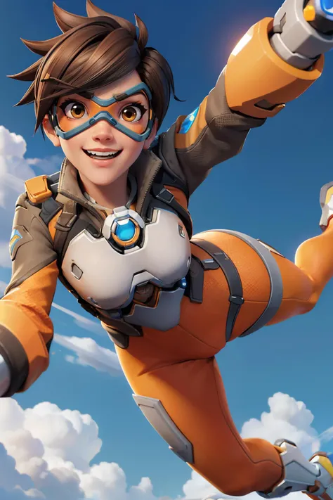 tracerow,tracer (overwatch), (visor, googles),brown eyes, short hair, cropped jacket, orange leggings, looking at viewer, happy smiling, mouth open,
in the air, falling, blue sky, clouds, sunny, dynamic shot, extreme detail, masterpiece, <lora:Tracer resized3:.8>