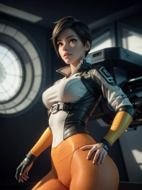 3d, CGI, Render, realistic, realism, photorealism, photo-realistic, high contrast, (photorealistic:1.4), (perfect female figure), 8k high definition detailed realistic, (best quality, masterpiece:1.2), photon mapping, radiosity, physically-based rendering, best quality, highly detailed, 1girl, spiky hair, orange leggings, tracerow, futuristic city background , <lyco:Tracer resized3:0.8>