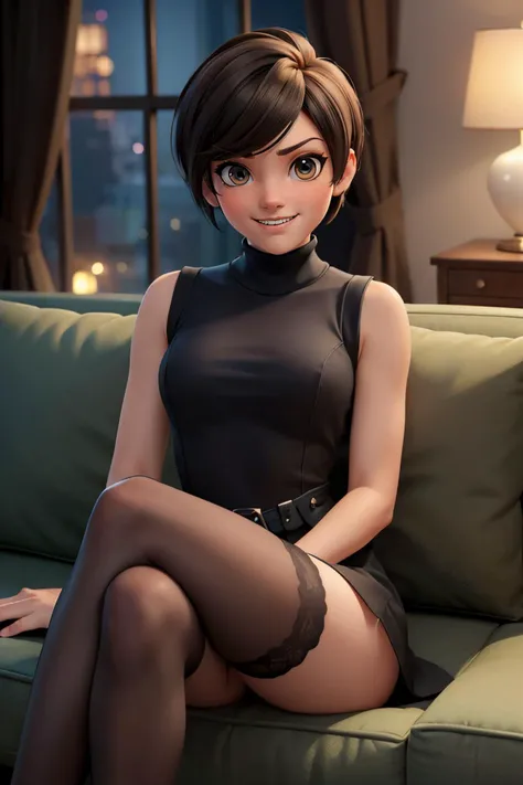 tracerow,brown eyes, short hair,wearing a black turtleneck dress, short dress,pantyhose, looking at viewer, embarrassed, happy, teeth, blush,
sitting, on sofa, cozy living room, playful ambiance, extreme detail, masterpiece, <lora:Tracer resized3:.8>