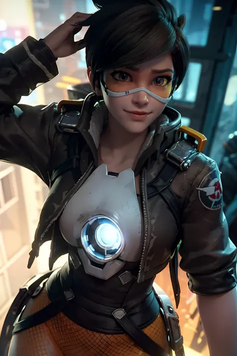 portrait of tracer,  3d, CGI, Render, realistic, realism, photorealism, photo-realistic, high contrast, (photorealistic:1.4), (perfect female figure), 8k high definition detailed realistic, (best quality, masterpiece:1.2), photon mapping, radiosity, physically-based rendering, best quality, squating,  highly detailed, 1girl, spiky hair, orange leggings,  tracerow, futuristic city background , smiling,  <lyco:Tracer Vbest-000008:.8>