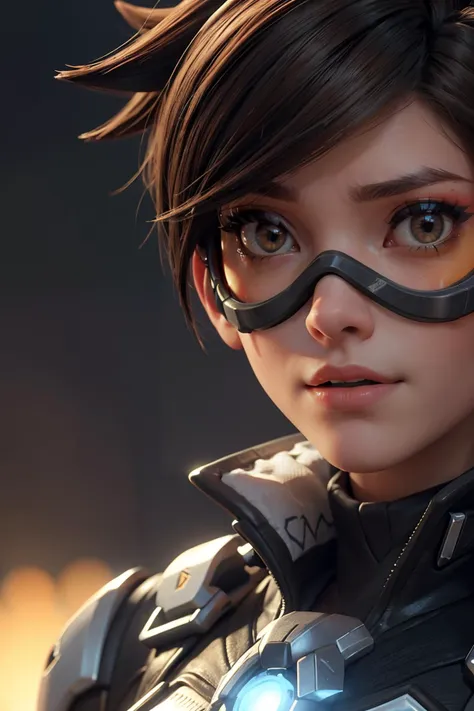 portrait of tracer, close up, 3d, CGI, Render, realistic, realism, photorealism, photo-realistic, high contrast, (photorealistic:1.4), (perfect female figure), 8k high definition detailed realistic, (best quality, masterpiece:1.2), photon mapping, radiosity, physically-based rendering, best quality, highly detailed, 1girl,tracer (overwatch) , brown jacket,dark  brown spiky hair, orange leggings, bodysuit   (tracerow), futuristic city background , (visor, googles),  , <lyco:Tracer v.3:1>