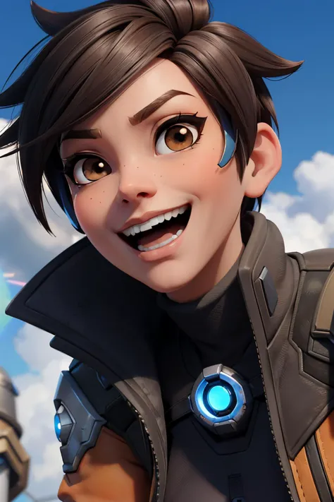 tracerow,tracer (overwatch), brown eyes, short hair, cropped jacket, looking at viewer, happy smiling, mouth open, close up,
blue sky, clouds, sunny, extreme detail, masterpiece,  <lora:Tracer resized3:.8>