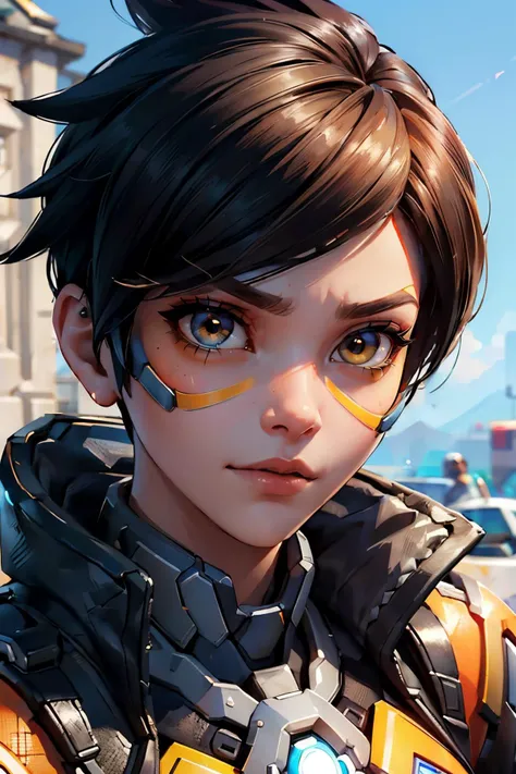 tracerow,tracer (overwatch), brown eyes, short hair, cropped jacket, looking at viewer, serious, smug, close up portrait, 
outside, blue sky, extreme detail, masterpiece,  <lora:Tracer resized3:.8>