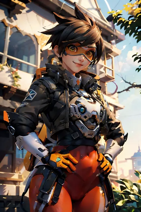 tracerow, athletic, cropped jacket, orange leggings, looking at viewer, smiling, hands on hips, standing, outside, park, trees, autumn, overcast, extreme detail, masterpiece, <lora:Tracer :.9>