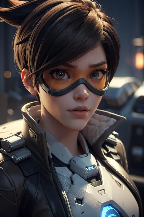 portrait of tracer, close up, 3d, CGI, Render, realistic, realism, photorealism, photo-realistic, high contrast, (photorealistic:1.4), (perfect female figure), 8k high definition detailed realistic, (best quality, masterpiece:1.2), photon mapping, radiosity, physically-based rendering, best quality, highly detailed, 1girl,tracer (overwatch) , brown jacket,dark  brown spiky hair, orange leggings, bodysuit   (tracerow), futuristic city background , (visor, googles),  ,   <lyco:Tracer merged 75-25:.9>