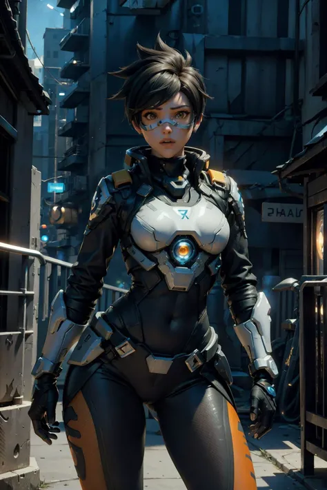 fullbody of tracer, 3d, CGI, Render, realistic, realism, photorealism, photo-realistic, high contrast, (photorealistic:1.4), (perfect female figure), 8k high definition detailed realistic, (best quality, masterpiece:1.2), photon mapping, radiosity, physically-based rendering, best quality, highly detailed, 1girl, spiky hair, orange leggings, tracerow, futuristic city background ,