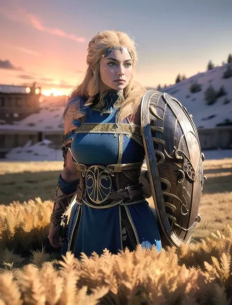 sif, ((wearing armor)), on open field, sunset, action pose, (8k, RAW photo, best quality, masterpiece:1.2),ultra-detailed, (high detailed skin:1.2), 8k uhd, dslr, soft lighting, high quality, <lora:Sif_GoWR_v3:0.8>