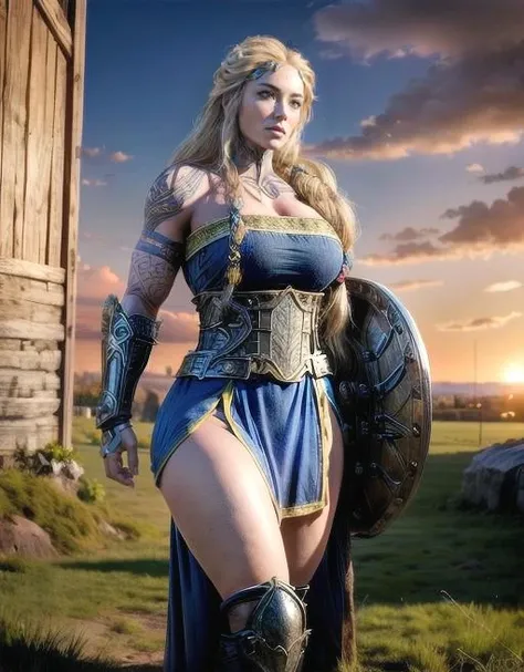 sif, ((wearing armor)), on open field, huge breasts, sunset, action pose,   (8k, RAW photo, best quality, masterpiece:1.2),ultra-detailed, (high detailed skin:1.2), 8k uhd, dslr, soft lighting, high quality, <lora:Sif_GoWR_v2:0.8> <lora:add_detail:1>