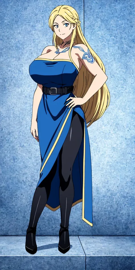 masterpiece, high quality, best quality, 1girl, (muscular female:1.0), (super gigantic breasts:1.0), (closed mouth, half smile), sif, blonde hair, very long hair, blue eyes, (long blue dress:1.5), (black leggings:1), (black high heel boots:1.25), brown belt with golden edges, tattoos, sexy, seductive, anime screencap, anime key visual, (fully clothed:1.0), full body <lora:Sif_GoWR_v3:0.90>