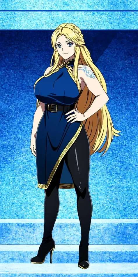 masterpiece, high quality, best quality, 1girl, (muscular female:1.0), (super gigantic breasts:1.0), (closed mouth, half smile), sif, blonde hair, very long hair, blue eyes, (long blue dress:1.5), (black leggings:1.25), (black high heel boots:1.25),  brown belt with golden edges, tattoos, sexy, seductive, anime screencap, anime key visual, (fully clothed:1.0), full body <lora:Sif_GoWR_v3:1.0>