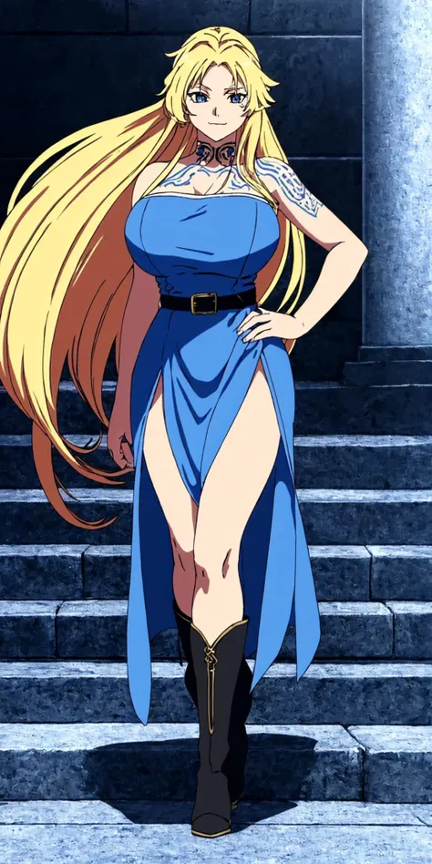 masterpiece, high quality, best quality, 1girl, (muscular female:1.0), (super gigantic breasts:1.0), (closed mouth, half smile), sif, blonde hair, very long hair, blue eyes, (long blue dress:1.5), (black leggings:1), (black high heel boots:1.25),  brown belt with golden edges, tattoos, sexy, seductive, anime screencap, anime key visual, (fully clothed:1.0), full body <lora:Sif_GoWR_v3:0.90>